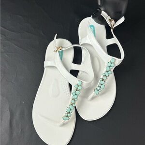 Okabashi White Sandals with Aqua Accents